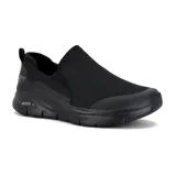 Zapato deportivo Skechers Arch Fit - Banlin, color negro, sin cordones, con capellada de malla y superposiciones sintéticas. Cuenta con plantilla Arch Fit removible para soporte del arco plantar y media suela con amortiguación.