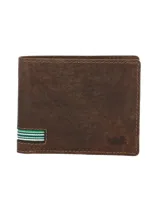 Billetera hecha a mano de cuero natural color café, con 8 ranuras para tarjetas y 2 bolsillos para billetes.