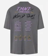 Remera gris de corte holgado con cuello redondo y mangas cortas. Estampado frontal con los personajes de las Tortugas Ninja y la leyenda "TMNT World Tour! Dimension 1984".