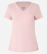 Blusa blanca de algodón con cuello en V, manga corta y bolsillo frontal.