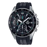 Reloj Casio Edifice con caja plateada, esfera negra con detalles en celeste y correa de resina negra.