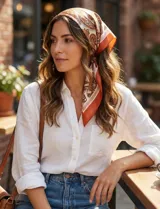 Pañuelo cuadrado de satén con estampado de arabescos en tonos terracota, blanco y marrón.