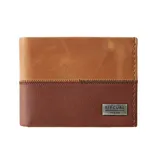 Billetera bifold de cuero marca Rip Curl, modelo Stitched Rfid All Day. Presenta un diseño de dos tonos en marrón claro y oscuro, divididos por una costura decorativa en zigzag. Incluye una placa metálica con el logo de la marca en el frente y tecnología de protección RFID.