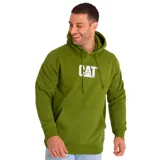Buzo canguro verde oliva con capucha ajustable y cordones, bolsillo frontal y logo CAT estampado en blanco en el pecho.