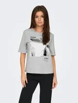 Remera gris melange de corte recto y mangas cortas, con estampado rectangular plateado con la palabra "ERODED" en la parte superior y "& WILD" en la parte inferior.