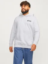 Hoodie gris melange de corte amplio, con capucha, bolsillo tipo canguro y estampa pequeña en el pecho.