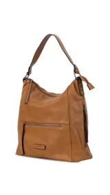 Cartera tipo hobo color marrón, confeccionada en cuero sintético con textura. Tiene correa de hombro ajustable, cierre superior y múltiples bolsillos internos y externos con cierre.