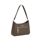 Cartera de hombro Guess modelo Tana, color marrón con estampado del logo de la marca en tono más oscuro. Cuenta con asa de hombro, cierre superior y bolsillo frontal con cierre.