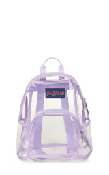 Mochila mini transparente con detalles en color lila pastel, marca JanSport.