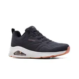 Championes Skechers Street Tres-Air Uno, color negro con detalles en rosa dorado. Capellada de cuero sintético con relieve, cordones, plantilla Air-Cooled Memory Foam y entresuela con triple cámara de aire visible Skech-Air.