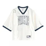 Camiseta deportiva blanca con cuello en V y mangas cortas con ribete azul marino. Presenta el logo de Nike en el pecho y en la manga izquierda.