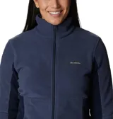 Campera polar color borgoña con cierre frontal completo, cuello alto y bolsillos laterales con cierre.