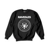 Buzo negro de algodón con cuello redondo y puños y cintura acanalados. Estampado frontal con el texto "RAVIOLES" y un escudo con ingredientes de ravioles.