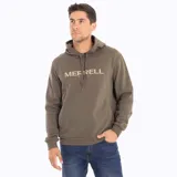 Buzo con capucha color verde oliva con cordones ajustables y bolsillo tipo canguro. Estampado frontal con el nombre de la marca en color beige.