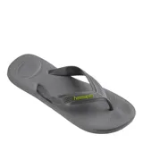 Ojotas Havaianas Top Max Comfort, de goma color gris claro, con tira de dedo gris oscuro con el logo de la marca en naranja.