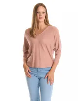 Buzo tejido en hilado fino, color verde, con escote en V y manga ¾ estilo dolman.