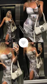 Vestido midi de breteles finos con estampado abstracto en tonos grises y negros.