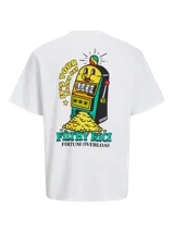 Camiseta blanca de manga corta y cuello redondo con estampado en el frente que dice "It's your lucky day" sobre un montón de monedas de oro y la frase "Fortune Overload" abajo.
