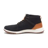Bota de caña media Caterpillar Quest Mid, color negro con detalles en marrón y cordones bicolores.