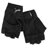 Guantes de gimnasio Puma negros con logo plateado y ajuste con velcro.