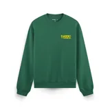 Buzo verde oscuro con cuello redondo, puños y cintura acanalados. Estampado amarillo en el pecho con la frase "Barrio y Familia".