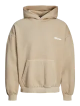 Hoodie color arena con capucha y manga larga, de corte oversize y largo cropped.