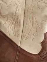 Botas de cuero negro con bordado decorativo en el caño y empeine, taco bajo y punta fina. Diseño de estilo cowboy.