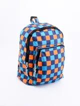 Mochila con estampado a cuadros en tonos azul y naranja, con bolsillo frontal y tirantes ajustables.
