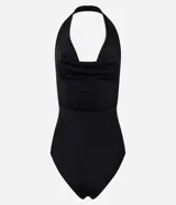 Body negro de poliéster y elastano, con frente única, escote drapeado y espalda descubierta.