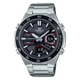 Reloj Casio Edifice plateado con esfera negra y detalles en rojo.