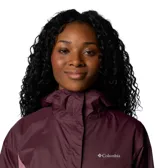 Campera impermeable Columbia Arcadia II color celeste, con capucha ajustable, cierre frontal con solapa, bolsillos con cierre y puños ajustables.