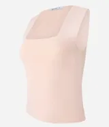 Blusa cropped naranja de punto con escote cuadrado y bretel ancho.