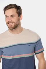 Remera manga corta con diseño a rayas horizontales en tonos beige, azul, verde y salmón.
