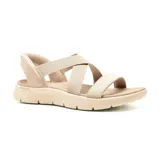 Sandalias Skechers Hands Free Slip-ins Go Walk Flex, color beige, con tiras elásticas cruzadas y plantilla Goga Mat contorneada.