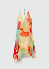 Vestido corto con estampado floral multicolor, escote de pico cruzado, tirantes finos y bajo asimétrico.