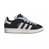 Championes Adidas Campus 00s negros con las tres tiras laterales en color crema y cordones celestes.
