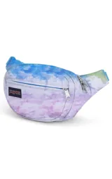 Riñonera JanSport Fifth Avenue negra con estampado de rayos blancos.