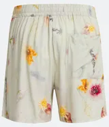 Bermuda boardshort color beige con estampado floral en tonos naranja y rosa.