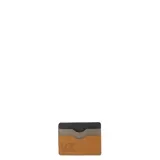 Billetera tarjetero N+ de cuero color marrón camel con detalles en azul y negro.