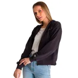 Buzo negro con capucha, cierre frontal y bolsillos tipo canguro.