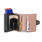 Billetera doble de cuero marrón con detalles en rosa. Cuenta con doble caja de aluminio con sistema de deslizamiento para tarjetas, clip para billetes y espacio adicional para documentos.