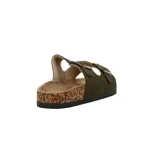 Sandalias bajas color verde oliva con dos tiras ajustables con hebilla y suela de corcho.