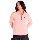 Buzo polar de mujer Caterpillar color blanco, con cierre parcial con cremallera verde y logo de la marca en el pecho. Cuenta con bolsillos laterales.