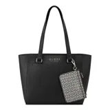 Cartera tipo tote Guess modelo Lockwood, color negro con textura saffiano, doble asa de hombro y charm colgante con estampado del logo de la marca.