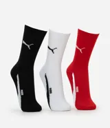Pack de tres pares de medias Puma de caña media, en colores negro, blanco y rojo, con logo de la marca en el tobillo y detalle de rayas en el talón.