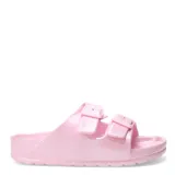 Sandalia plana color rosa perlado con doble hebilla y diseño cómodo.