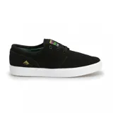 Zapatillas de skate negras, con suela blanca y detalles coloridos en el logo.