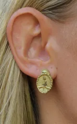 Aretes dorados con diseño de escudo, ideales para añadir un toque elegante a cualquier atuendo.