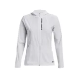 Campera blanca con capucha, cierre frontal completo y logo Under Armour en el pecho.