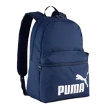 Mochila Puma Phase Backpack color azul marino con logo blanco de Puma en el frente. Cuenta con un compartimento principal con cierre de doble cremallera y un bolsillo frontal con cierre. Las correas de hombro son ajustables y acolchadas.